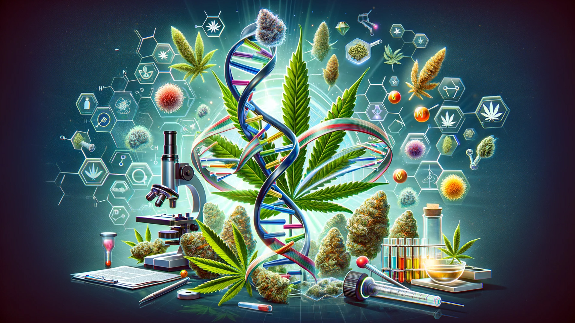 Illustration of DNA helix intertwined with cannabis leaves and a microscope, symbolizing the innovation and diversity in cannabis genetics