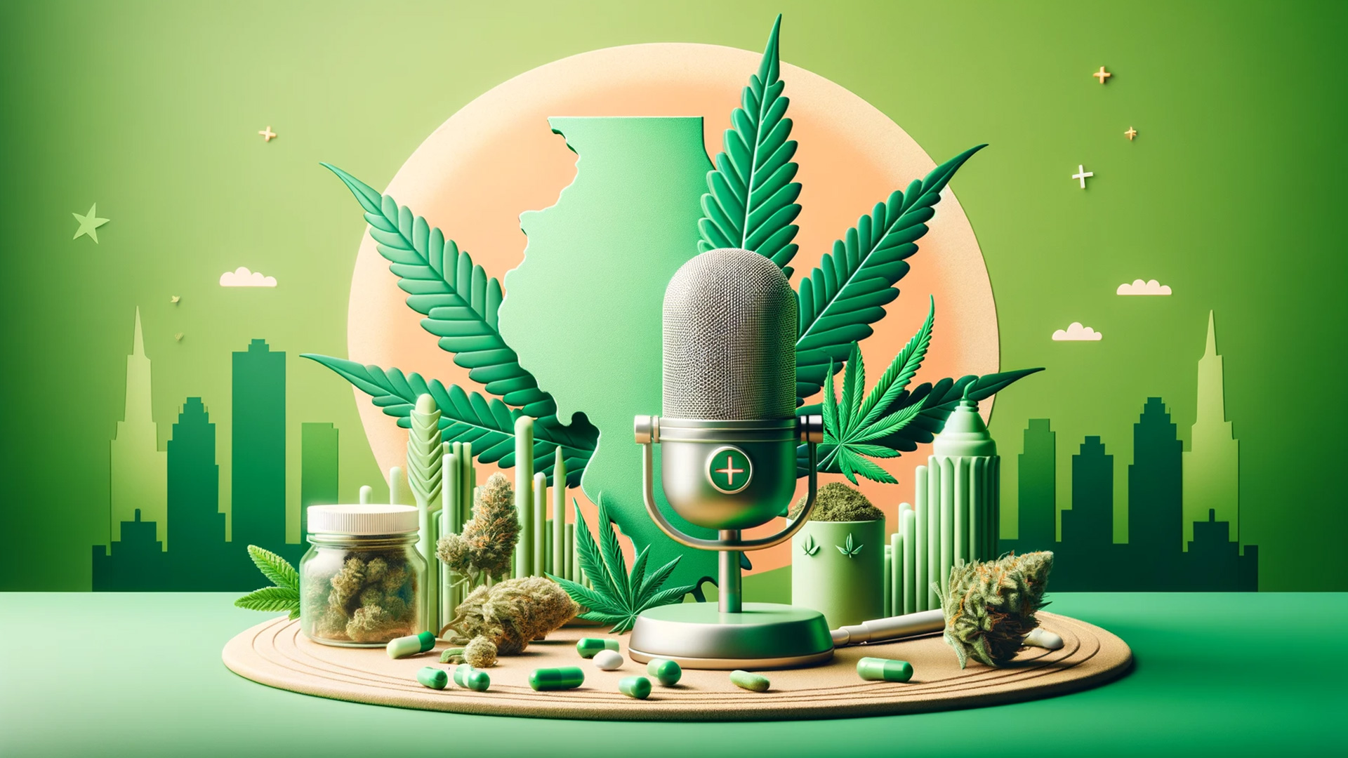 Podcast microphone and cannabis leaf with Illinois backdrop, symbolizing a discussion on cannabis industry insights