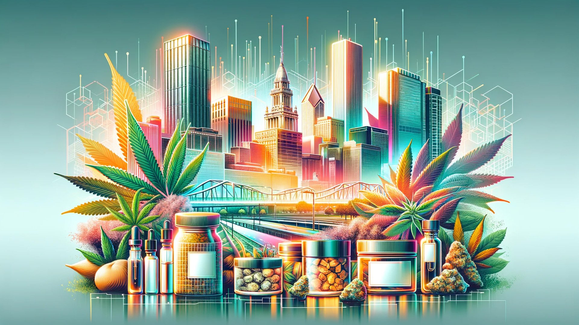 Illinois cityscape with cannabis products, representing 'Illinois Cannabis Trends