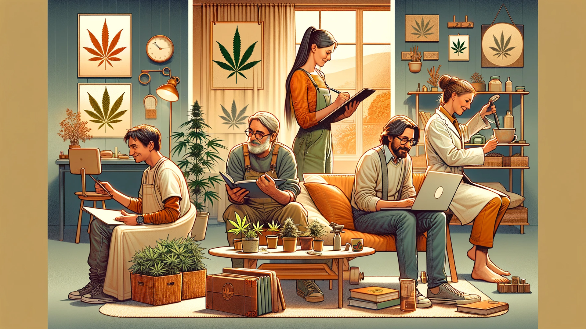A cozy living room scene with four diverse individuals engaging in cannabis-related activities, symbolizing community and varied experiences.