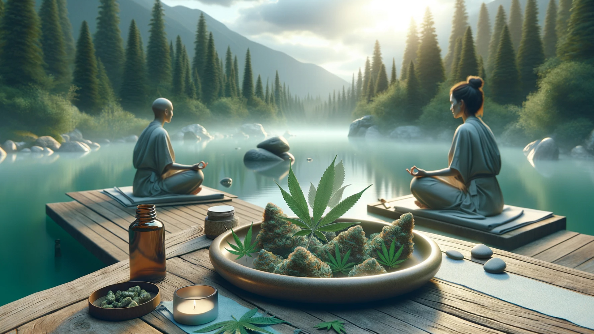 Serene natural landscape symbolizing mental wellness and subtle cannabis elements