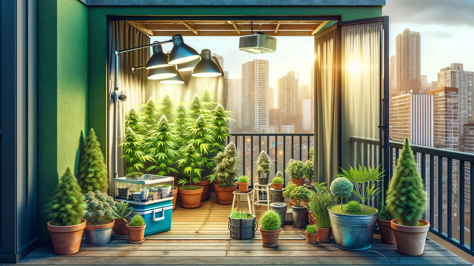 Urban apartment balcony with lush cannabis garden, featuring pots of healthy cannabis plants, grow lights, and a small grow tent against a city skyline backdrop.