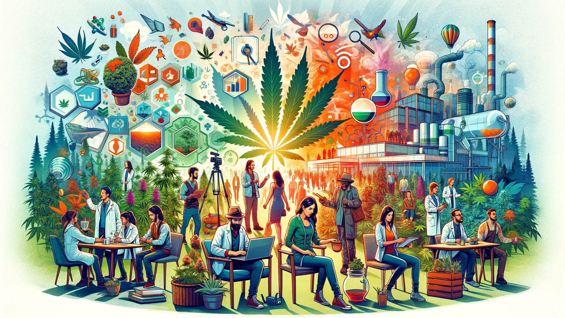 A lively depiction of the cannabis industry, highlighting diverse people engaged in cultivation, research, and education against a backdrop blending nature and technology.