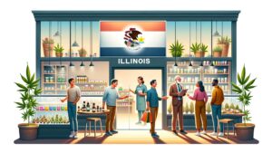 Modern Illinois dispensary with diverse patrons and cannabis products