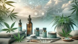 CBD oil bottles and hemp leaves against a serene backdrop, symbolizing wellness benefits