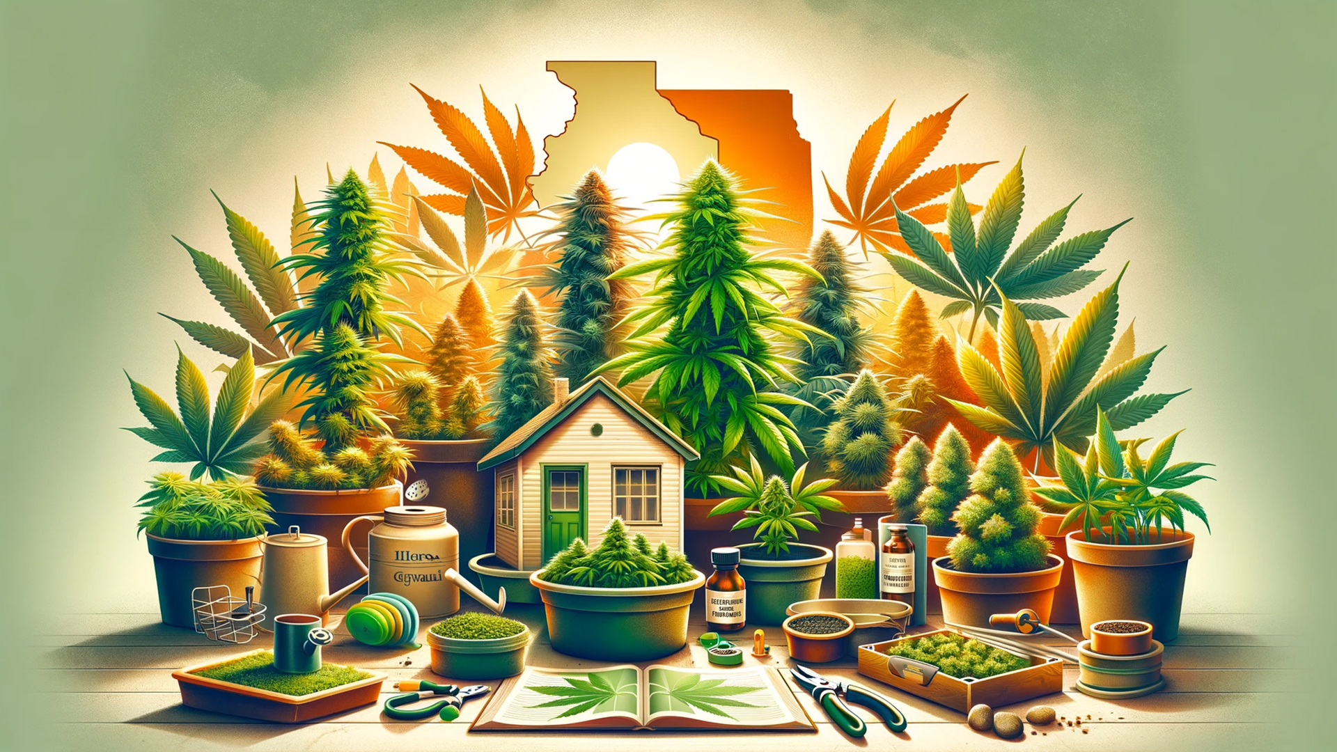 An inviting and vibrant image showcasing home cannabis cultivation with lush plants, gardening tools, and subtle Illinois symbols