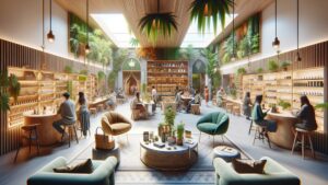 Diverse group in a cozy, modern cannabis boutique with lush greenery and stylish dÃ©cor.
