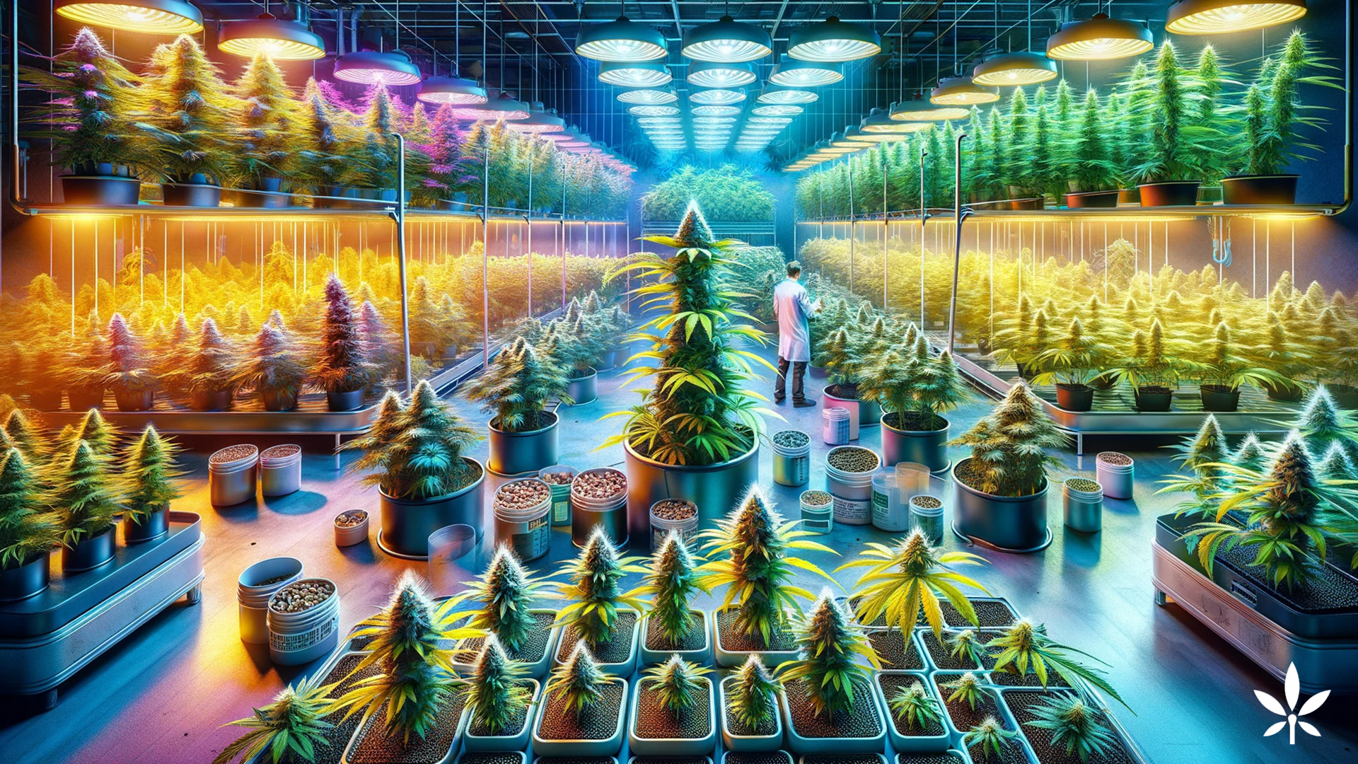 Modern greenhouse with various cannabis growth stages, showcasing cultivation expertise.