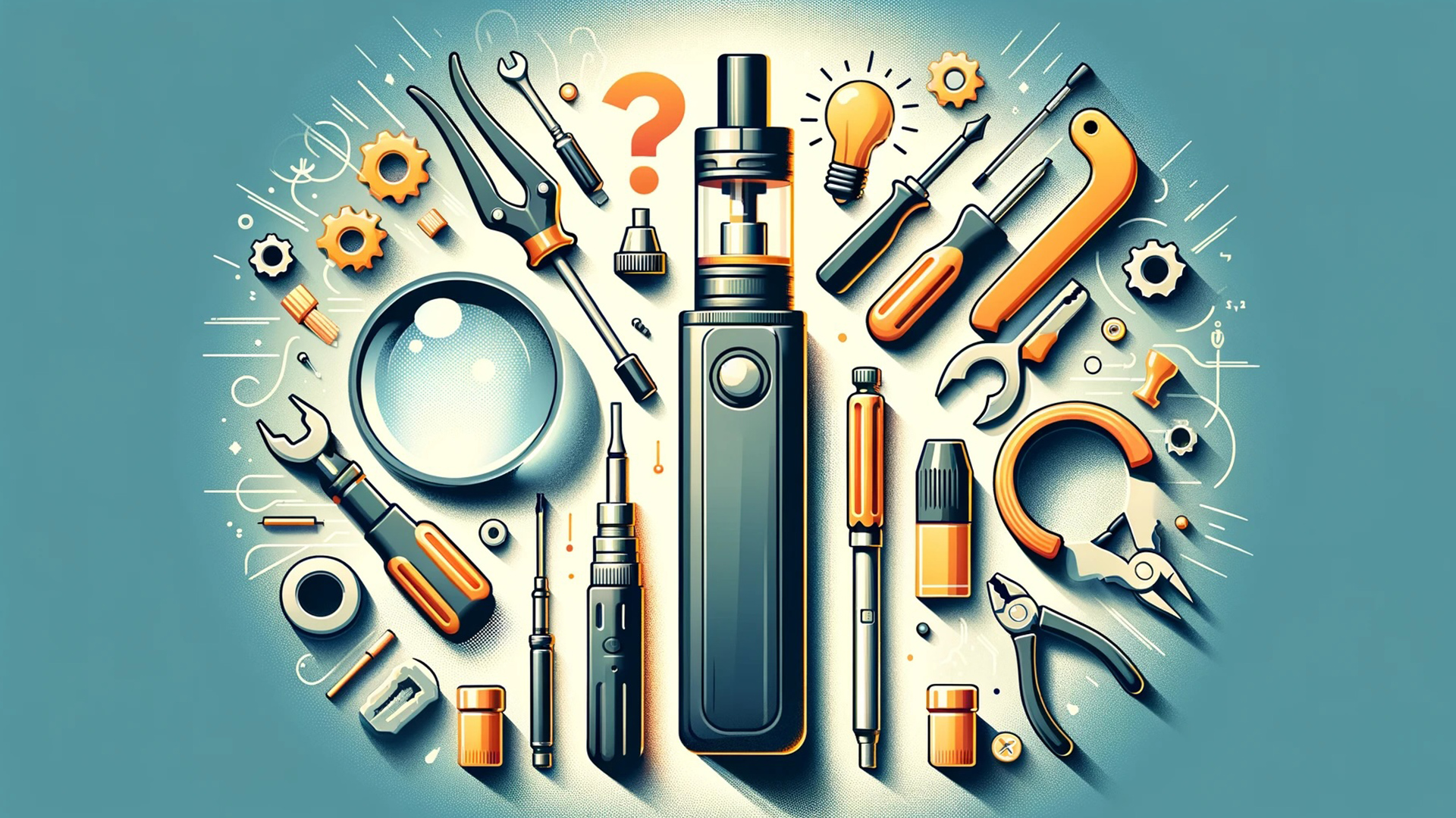 Vape pen with repair tools, magnifying glass, question mark, and light bulb symbolizing troubleshooting solutions