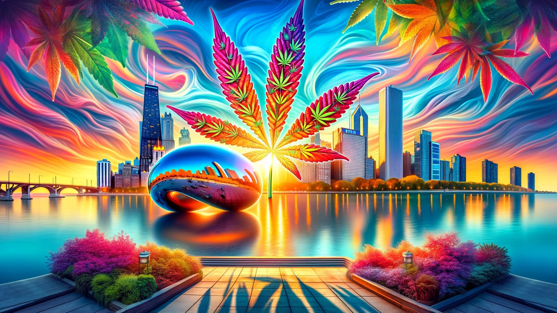 Sunrise over Lake Michigan with Chicago skyline and The Bean, symbolizing a cannabis-friendly day in Chicago