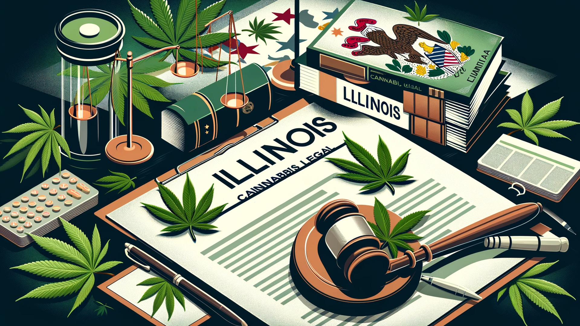 Illinois map with gavel, cannabis leaves, and legal documents symbolizing cannabis laws.