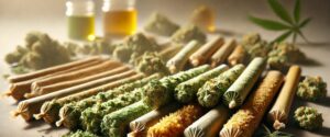 Close-up of infused cannabis pre-rolls with kief and oil coatings