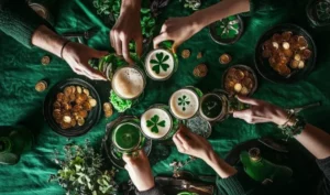 St. Patrick's Day celebration with green drinks, shamrocks, and gold coins on a festive table.